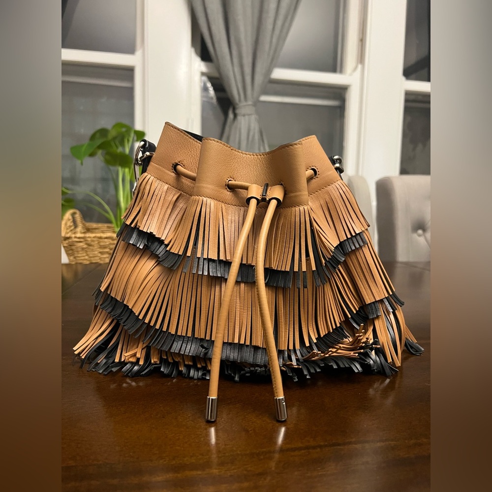 PROENZA SCHOULER Brown Black Medium Fringe Bucket Shoulder Crossbody Bag